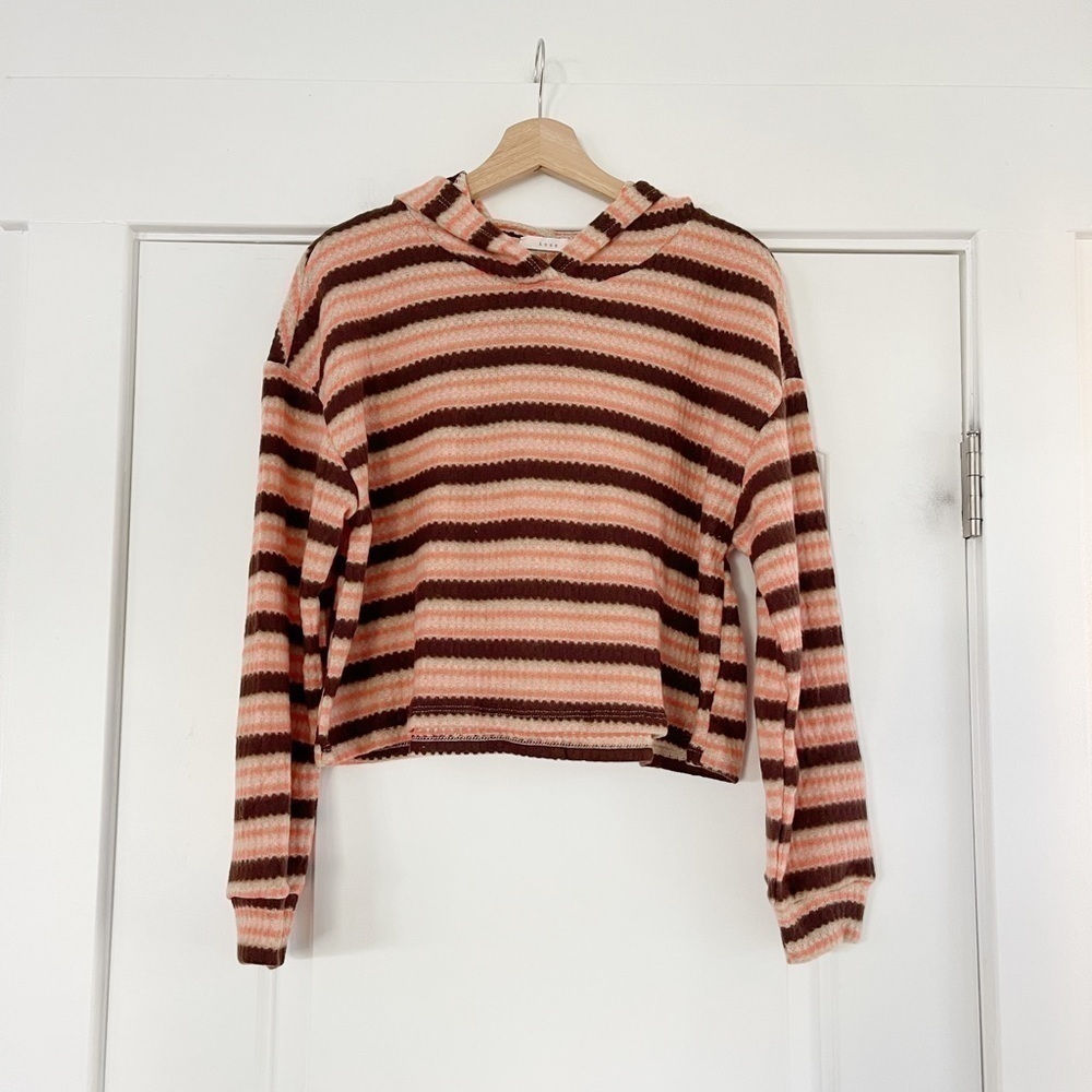 Lush Waffle Knit Striped Crop Sweater Coral/Brown - XS